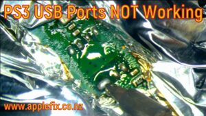 PS3 motherboard showing faulty RT9712AA 5V USB power switch IC