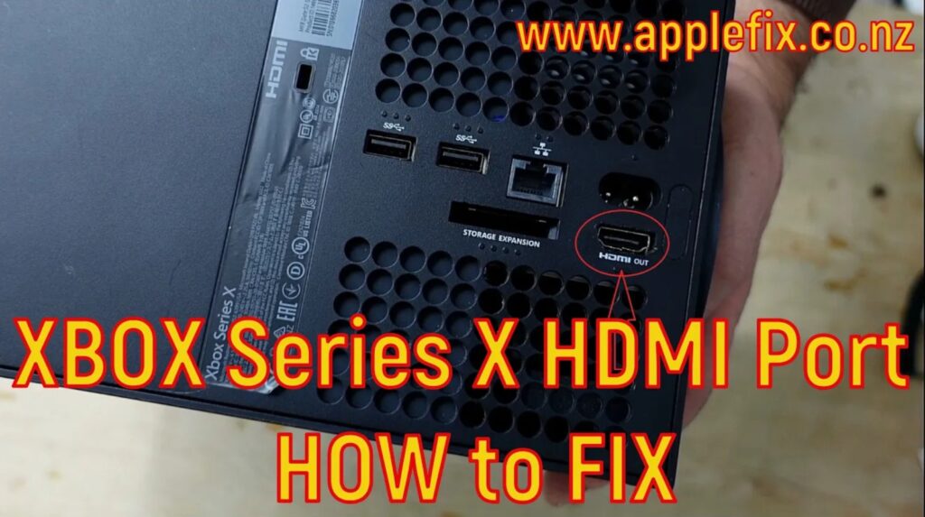 Xbox Series X broken HDMI port and missing motherboard tracks repair showing advanced HDMI trace reconstruction and micro-soldering repair service in Hamilton New Zealand by AppleFix Tech Engineers