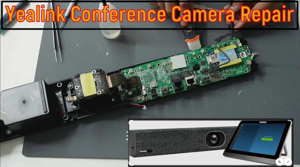 Yealink conference camera repair showing full disassembly, internal motherboard diagnostics, HDMI signal fault troubleshooting, and advanced electronics repair performed by Tech Engineers & AppleFix Hamilton New Zealand for a no HDMI output video conferencing camera.