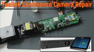 Yealink conference camera repair showing full disassembly, internal motherboard diagnostics, HDMI signal fault troubleshooting, and advanced electronics repair performed by Tech Engineers & AppleFix Hamilton New Zealand for a no HDMI output video conferencing camera.