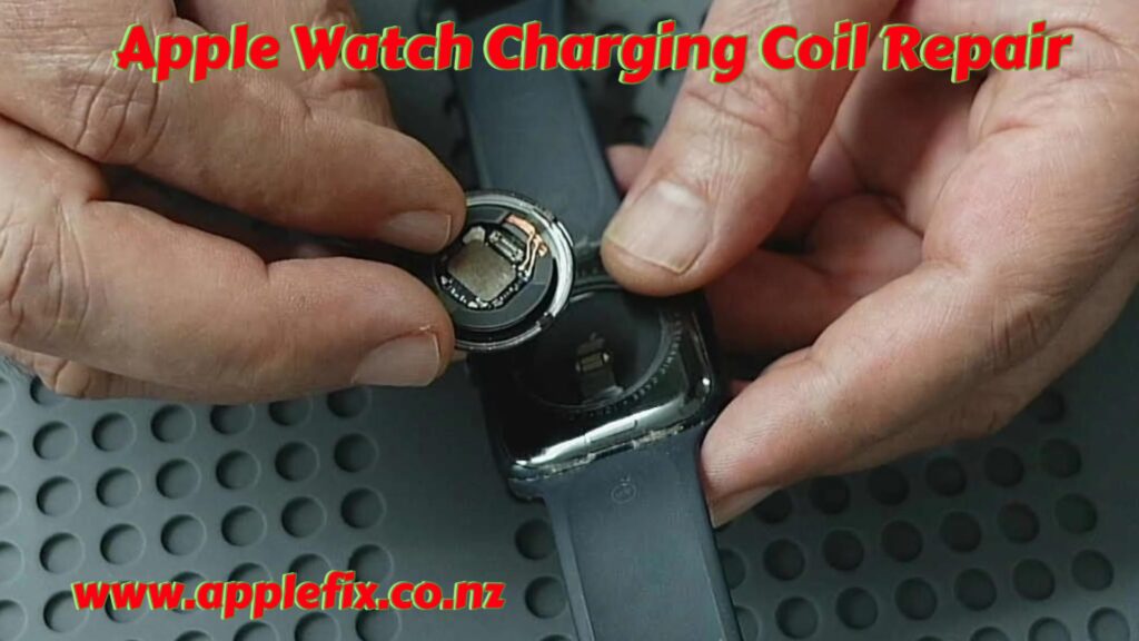 Apple Watch Series 8 charging coil repair in progress showing the wireless charging assembly removed from the watch during a professional repair procedure. The image highlights the detached charging coil component that caused charging issues, requiring complete Apple Watch disassembly, battery removal, internal component removal, and precision reassembly. Expert Apple Watch repair service by AppleFix & Tech Engineers Hamilton Waikato New Zealand specializing in Apple Watch charging repair, charging coil replacement, battery replacement, screen repair, and advanced electronics diagnostics.