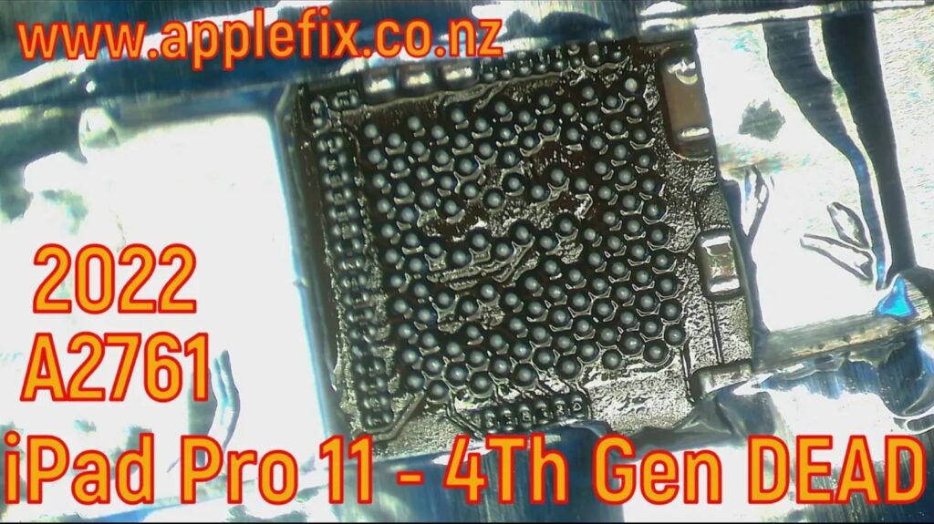 iPad Pro 11-inch 4th Generation A2761 motherboard repair showing CD3217B13 USB-C Power Delivery controller replacement under a microscope. Advanced board-level diagnostics and micro-soldering repair performed by AppleFix Hamilton New Zealand to fix a dead iPad Pro that was not charging and had no power.