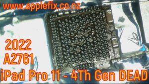 iPad Pro 11-inch 4th Generation A2761 motherboard repair showing CD3217B13 USB-C Power Delivery controller replacement under a microscope. Advanced board-level diagnostics and micro-soldering repair performed by AppleFix Hamilton New Zealand to fix a dead iPad Pro that was not charging and had no power.