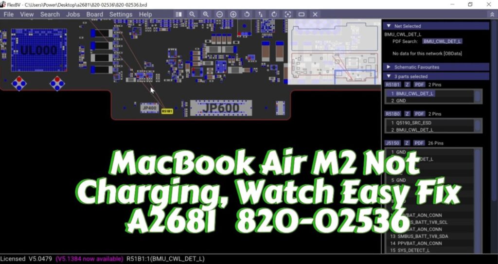 MacBook Air M2 A2681 not charging repair showing Apple logic board boardview diagnostics, hidden resistor fault detection, charging circuit troubleshooting, and advanced motherboard repair performed by AppleFix Hamilton New Zealand on model A2681 820-02536.