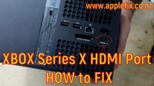 Xbox Series X HDMI port repair showing the rear HDMI output connector highlighted on an Xbox Series X console. This image relates to advanced Xbox Series X HDMI port replacement, no signal repair, black screen troubleshooting, motherboard trace repair, and microsoldering services. Professional Xbox console repair by AppleFix & Tech Engineers Hamilton, Waikato, New Zealand, specializing in Xbox HDMI repair, motherboard repair, gaming console diagnostics, and advanced electronics repair.