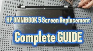 HP OmniBook 5 OLED screen replacement showing the removal and installation of a damaged laptop display. Professional repair guide featuring ATNA40KW01 and ATNA40KW02 2K OLED LCD panel replacement for a broken or cracked HP OmniBook 5 screen by AppleFix & Tech Engineers in Hamilton, Waikato, New Zealand.