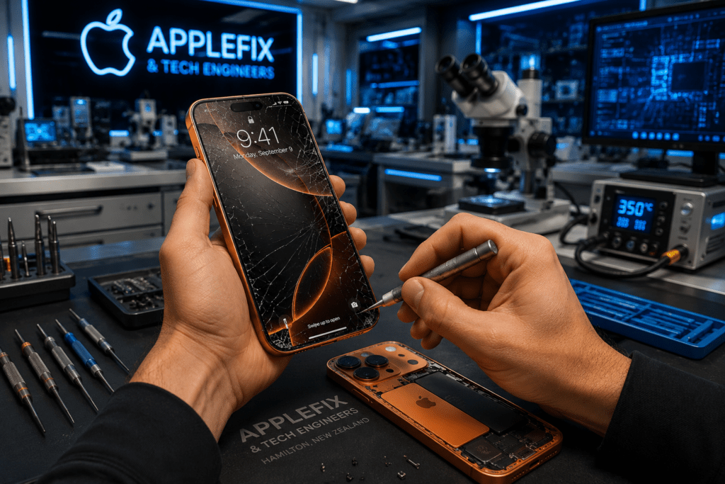iPhone 17 Pro Max broken screen repair by technician in a professional electronics repair lab in Hamilton NZ