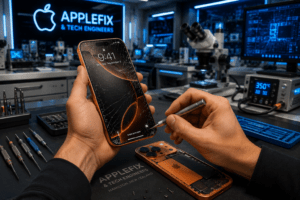 iPhone 17 Pro Max broken screen repair by technician in a professional electronics repair lab in Hamilton NZ