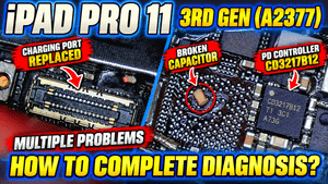 iPad Pro 11 3rd Gen A2377 logic board repair showing replaced charging port, broken capacitor, and faulty CD3217B12 PD controller