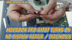 Microsoldering a MacBook Pro A1707 display flex cable during no-display repair diagnosis