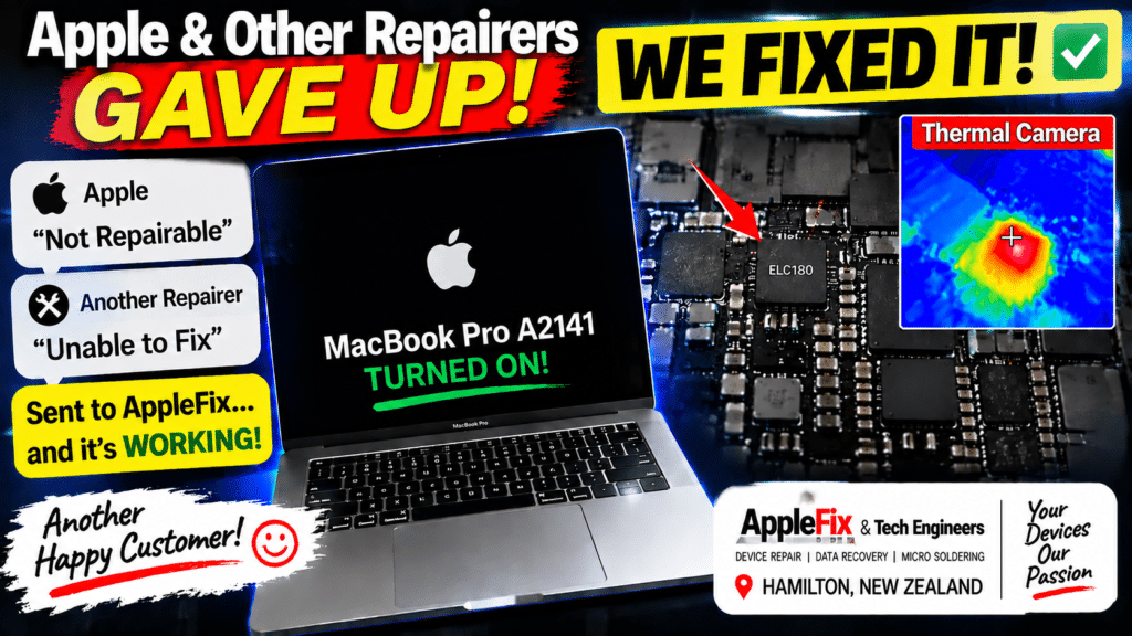MacBook Pro A2141 logic board repair and data recovery in Hamilton NZ using thermal camera to locate ELC180 fault after other repairers declared the MacBook unrepairable.
