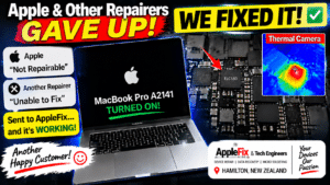 MacBook Pro A2141 logic board repair and data recovery in Hamilton NZ using thermal camera to locate ELC180 fault after other repairers declared the MacBook unrepairable.