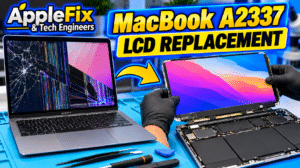 MacBook Air A2337 LCD screen replacement by AppleFix & Tech Engineers, showing a cracked MacBook screen and replacement display.