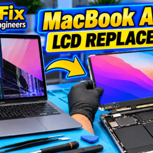 MacBook Air A2337 LCD screen replacement by AppleFix & Tech Engineers, showing a cracked MacBook screen and replacement display.
