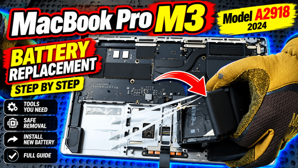 MacBook Pro M3 A2918 (2024) battery replacement tutorial showing safe battery removal, installation of a new battery, internal MacBook components, and step-by-step disassembly using specialist tools. AppleFix & Tech Engineers provides MacBook Pro and MacBook Air battery replacement and repair services in Hamilton, Waikato, New Zealand.