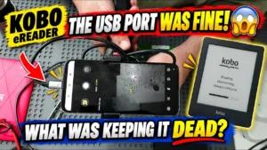 Kobo Glo N514 eReader not charging repair in Hamilton NZ, showing USB port testing and Kobo eReader with the text “The USB Port Was Fine” and “What Was Keeping It Dead?” highlighting component-level charging fault diagnosis.