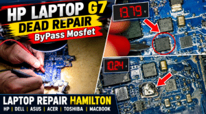 HP ProBook 430 G7 no power repair in Hamilton NZ, showing motherboard MOSFET bypass diagnosis and laptop motherboard repair by AppleFix & Tech Engineers.