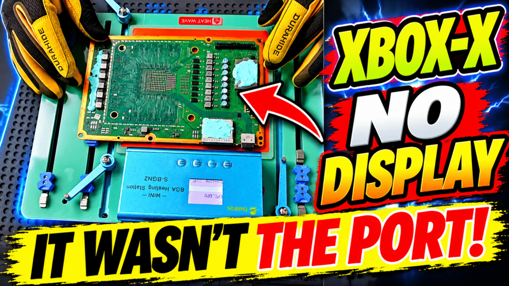 Xbox One X motherboard on a preheater station during HDMI retimer chip repair for a no display fault